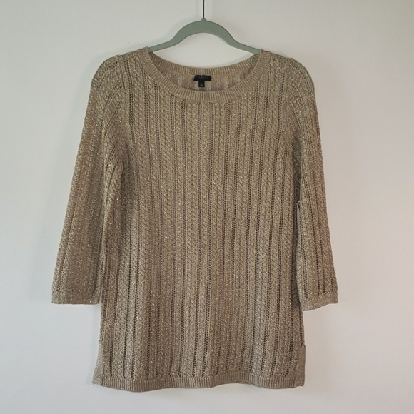 TALBOTS Linen Blend Loose Knit Weave Sweater Petite Small Gold Metallic Taupe - Picture 1 of 13